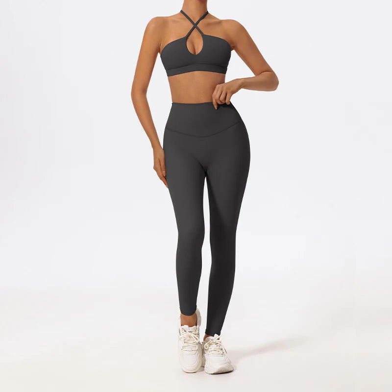 Ensemble Sport Femme Brassière Dos Croisé Legging Sculptant Taille Haute - Belle Aura