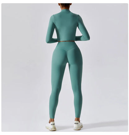 Ensemble Fitness 3 Pièces Sculptant Femme Veste Zippée Brassière Legging - Belle Aura