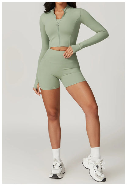 Ensemble Sport 3 Pièces Femme Veste Brassière Short Tissu Respirant Léger - Belle Aura