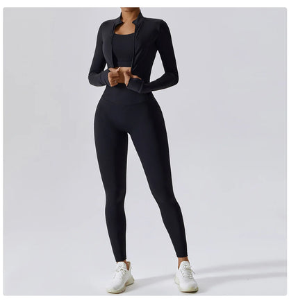 Ensemble Fitness 3 Pièces Sculptant Femme Veste Zippée Brassière Legging - Belle Aura