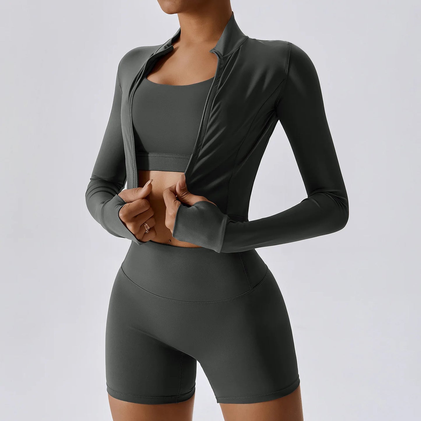 Ensemble Sport 3 Pièces Femme Veste Brassière Short Tissu Respirant Léger - Belle Aura