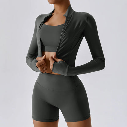 Ensemble Sport 3 Pièces Femme Veste Brassière Short Tissu Respirant Léger - Belle Aura