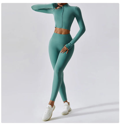 Ensemble Fitness 3 Pièces Sculptant Femme Veste Zippée Brassière Legging - Belle Aura