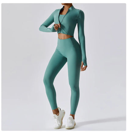 Ensemble Fitness 3 Pièces Sculptant Femme Veste Zippée Brassière Legging - Belle Aura