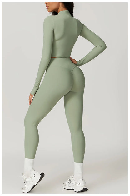 Ensemble Fitness 3 Pièces Sculptant Femme Veste Zippée Brassière Legging - Belle Aura
