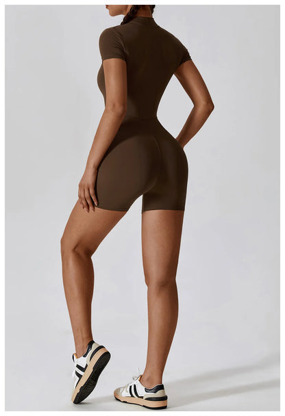Combishort Sport Femme Zippé Gainant Coupe Cintrée Silhouette Sculptée - Belle Aura