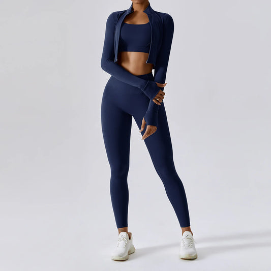 Ensemble Fitness 3 Pièces Sculptant Femme Veste Zippée Brassière Legging - Belle Aura