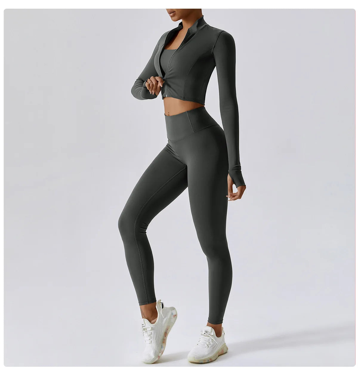 Ensemble Fitness 3 Pièces Sculptant Femme Veste Zippée Brassière Legging - Belle Aura