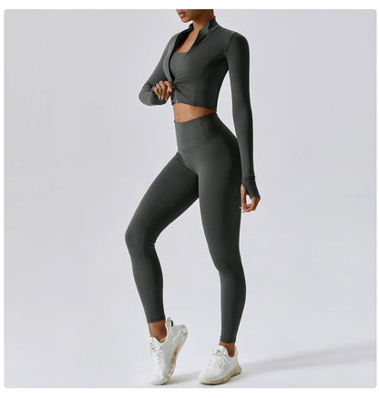 Ensemble Fitness 3 Pièces Sculptant Femme Veste Zippée Brassière Legging - Belle Aura