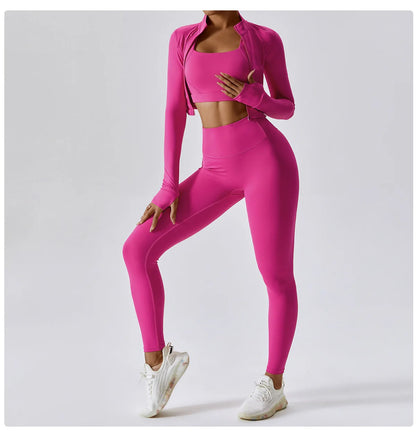 Ensemble Fitness 3 Pièces Sculptant Femme Veste Zippée Brassière Legging - Belle Aura
