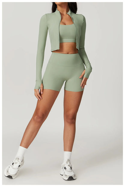 Ensemble Sport 3 Pièces Femme Veste Brassière Short Tissu Respirant Léger - Belle Aura