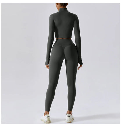 Ensemble Fitness 3 Pièces Sculptant Femme Veste Zippée Brassière Legging - Belle Aura
