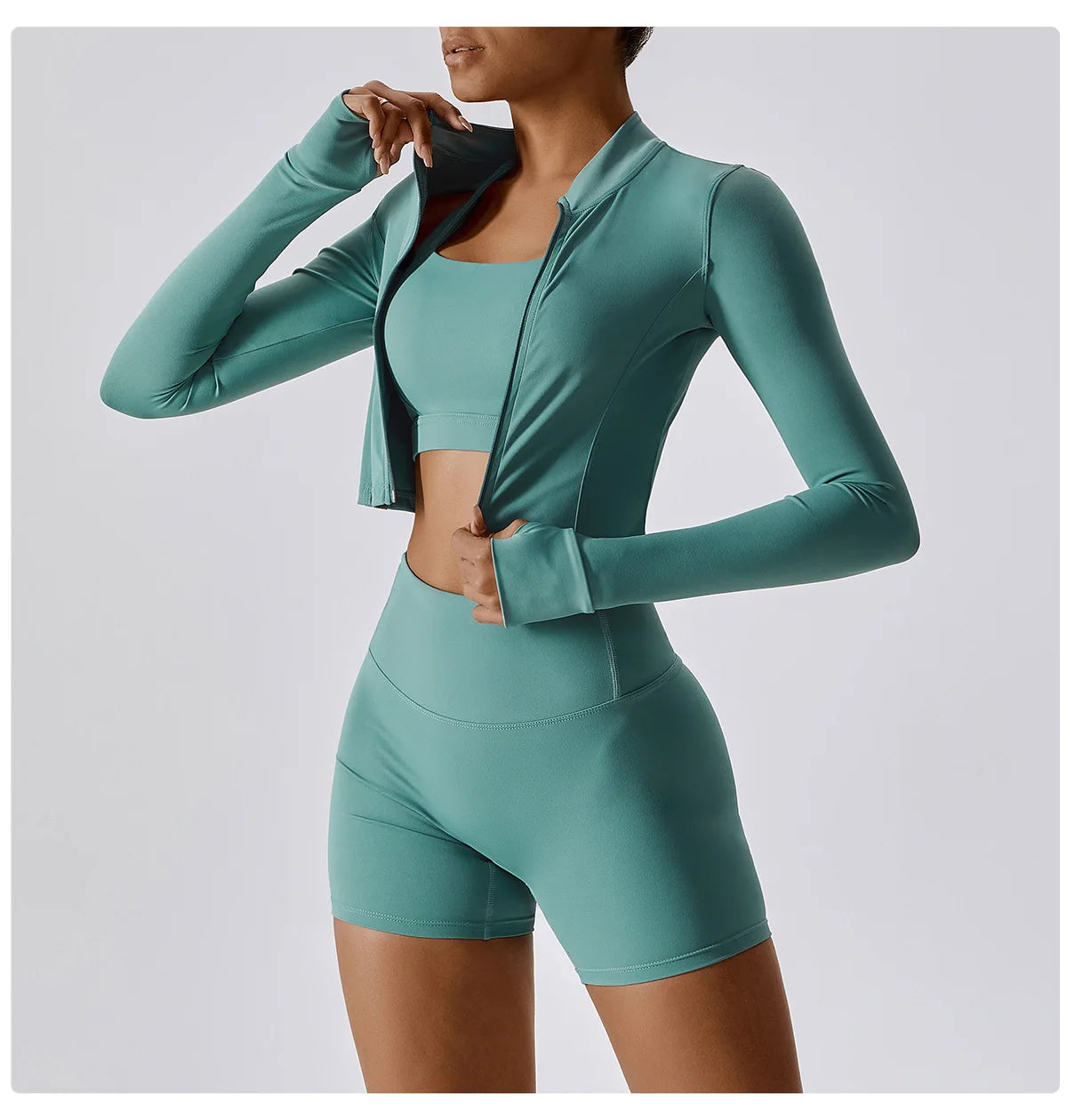 Ensemble Sport 3 Pièces Femme Veste Brassière Short Tissu Respirant Léger - Belle Aura