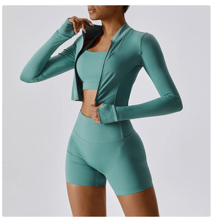 Ensemble Sport 3 Pièces Femme Veste Brassière Short Tissu Respirant Léger - Belle Aura