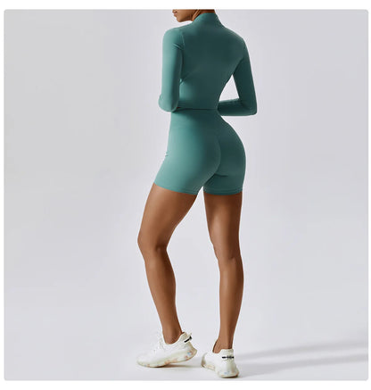 Ensemble Sport 3 Pièces Femme Veste Brassière Short Tissu Respirant Léger - Belle Aura