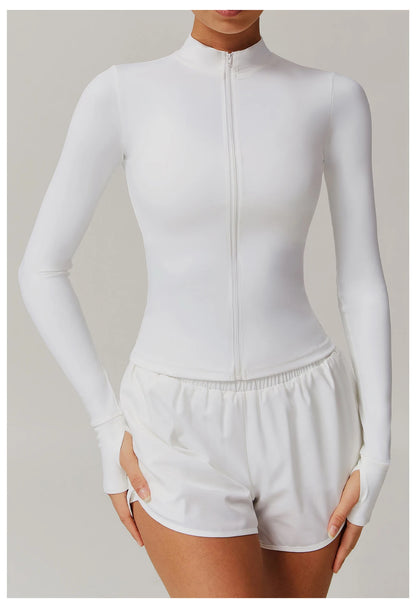 Veste Sport Femme Gainante Zippée Ultra-Ajustée Passages Pouces - Belle Aura