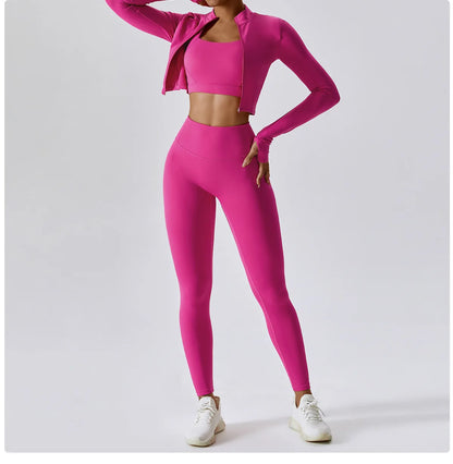 Ensemble Fitness 3 Pièces Sculptant Femme Veste Zippée Brassière Legging - Belle Aura