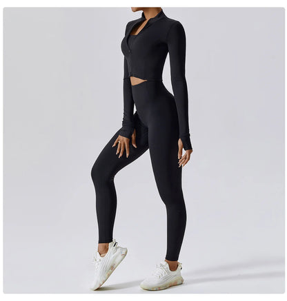 Ensemble Fitness 3 Pièces Sculptant Femme Veste Zippée Brassière Legging - Belle Aura