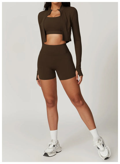 Ensemble Sport 3 Pièces Femme Veste Brassière Short Tissu Respirant Léger - Belle Aura