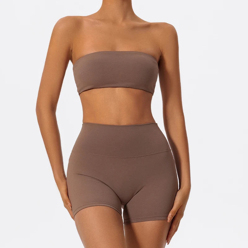 Ensemble Sport Femme Brassière Bandeau Short Taille Haute Sculptant - Belle Aura