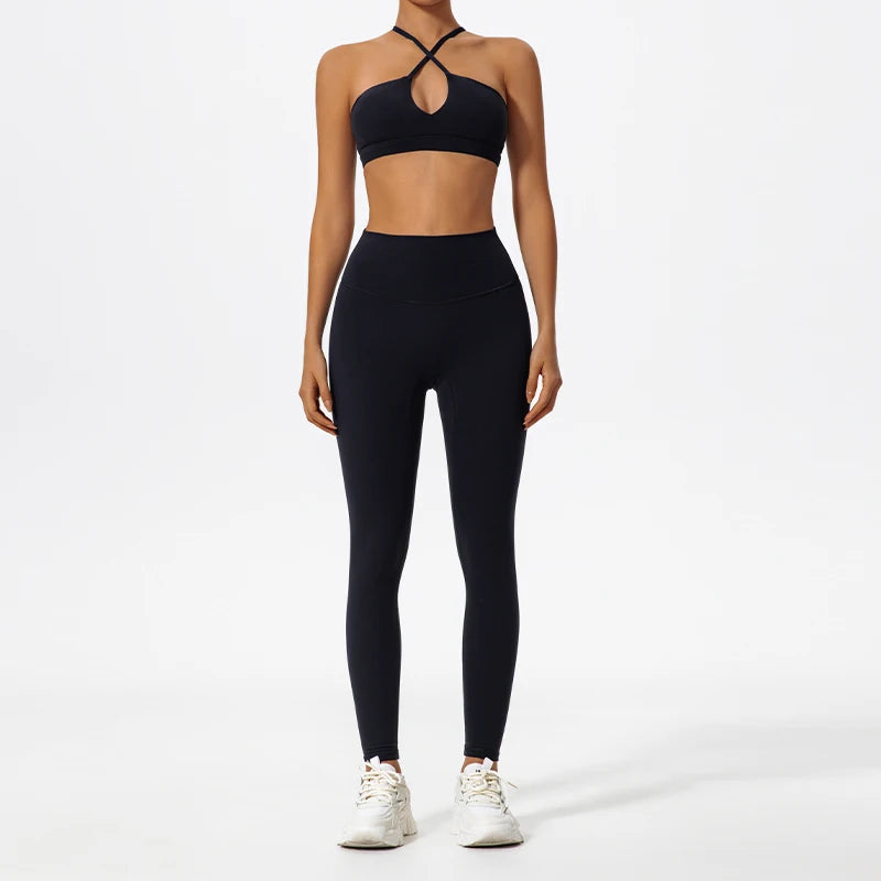 Ensemble Sport Femme Brassière Dos Croisé Legging Sculptant Taille Haute - Belle Aura