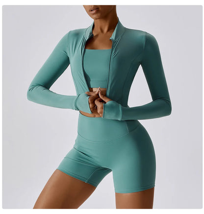 Ensemble Sport 3 Pièces Femme Veste Brassière Short Tissu Respirant Léger - Belle Aura