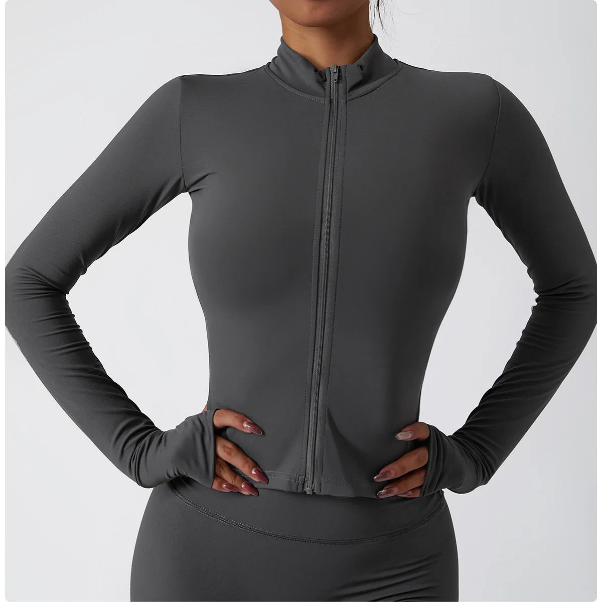 Veste Sport Femme Gainante Zippée Ultra-Ajustée Passages Pouces - Belle Aura