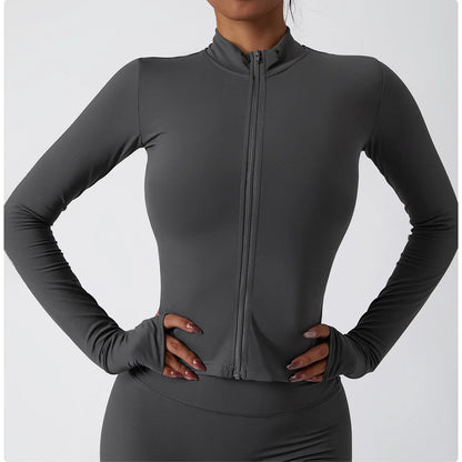 Veste Sport Femme Gainante Zippée Ultra-Ajustée Passages Pouces - Belle Aura