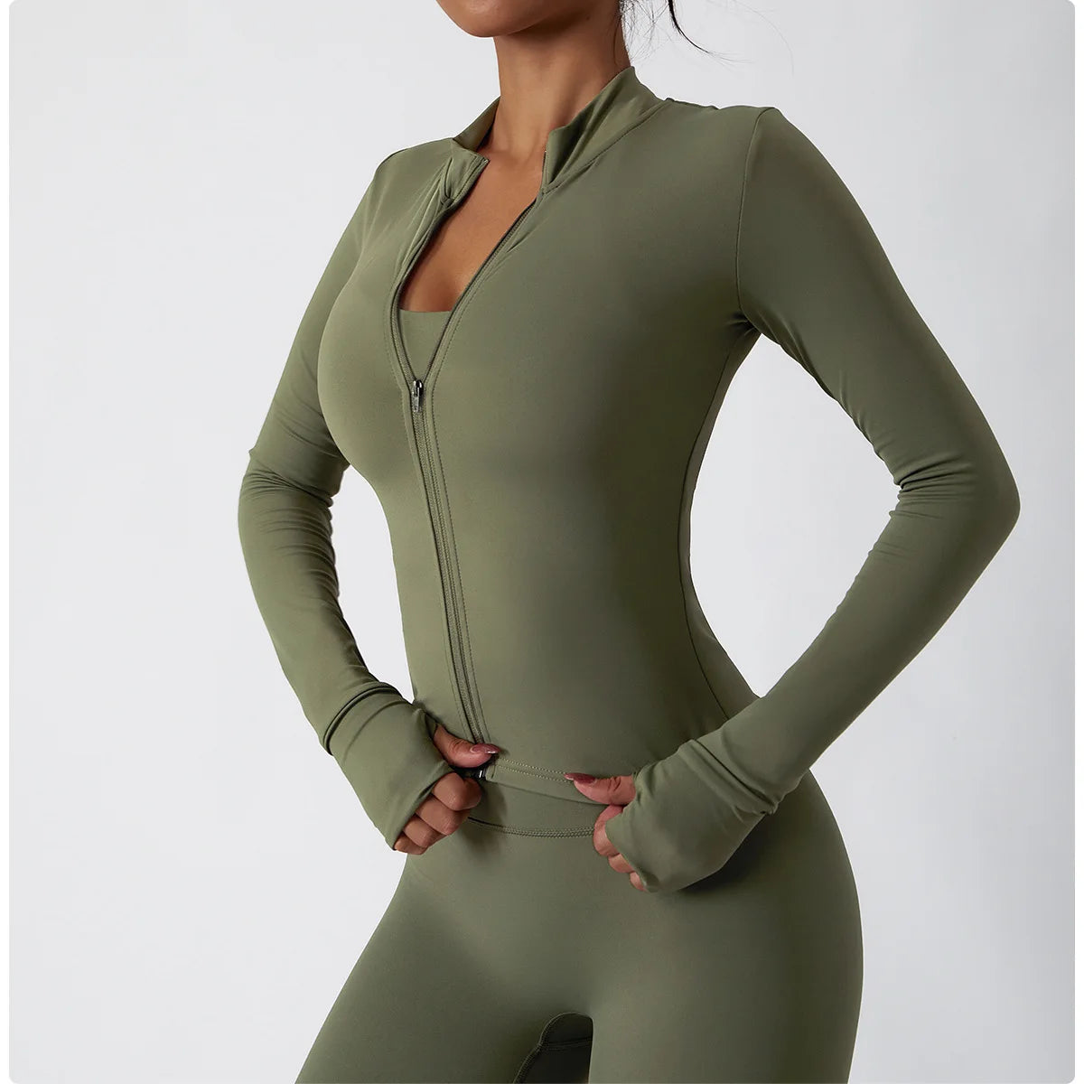 Veste Sport Femme Gainante Zippée Ultra-Ajustée Passages Pouces - Belle Aura
