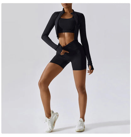 Ensemble Sport 3 Pièces Femme Veste Brassière Short Tissu Respirant Léger - Belle Aura