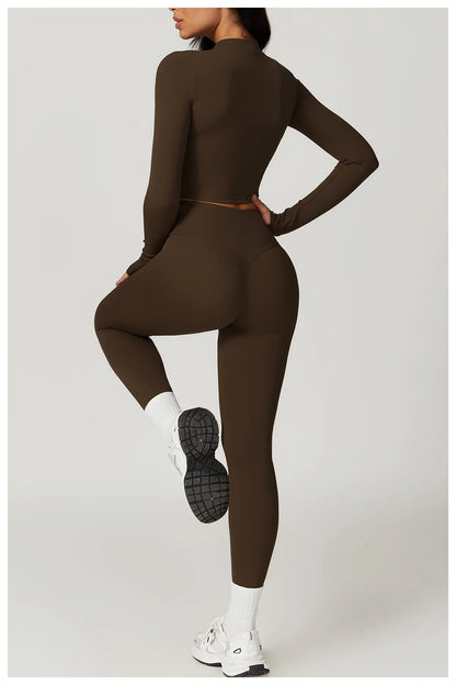 Ensemble Fitness 3 Pièces Sculptant Femme Veste Zippée Brassière Legging - Belle Aura