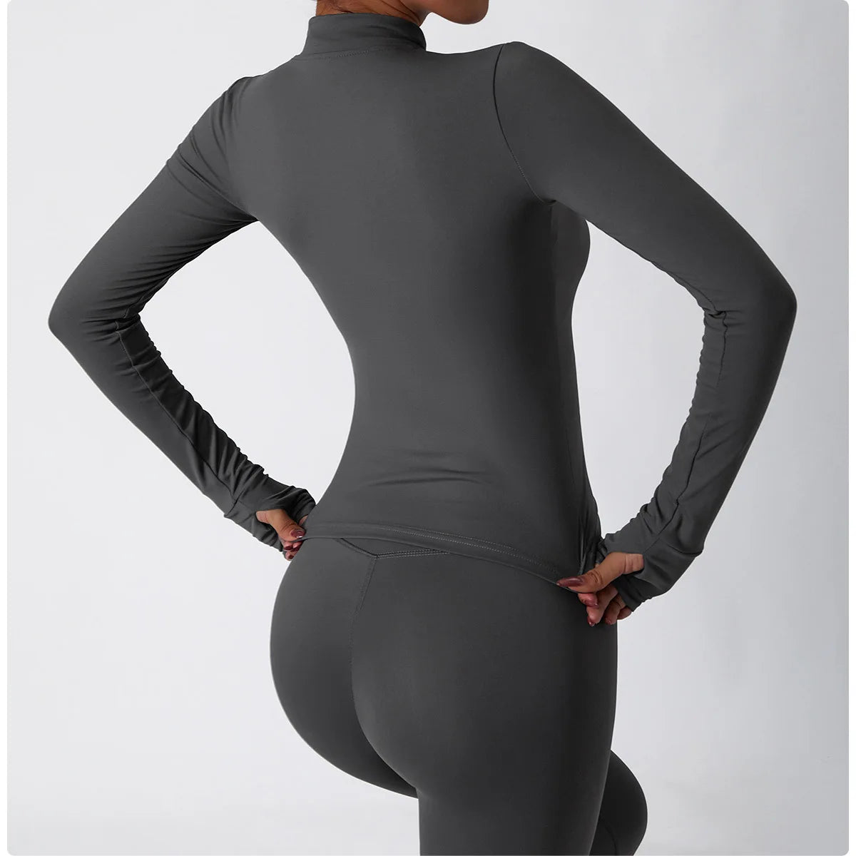 Veste Sport Femme Gainante Zippée Ultra-Ajustée Passages Pouces - Belle Aura