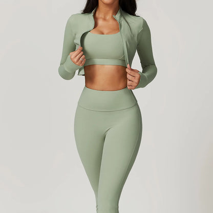 Ensemble Fitness 3 Pièces Sculptant Femme Veste Zippée Brassière Legging - Belle Aura