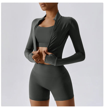 Ensemble Sport 3 Pièces Femme Veste Brassière Short Tissu Respirant Léger - Belle Aura