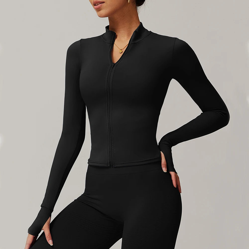 Veste Sport Femme Gainante Zippée Ultra-Ajustée Passages Pouces - Belle Aura